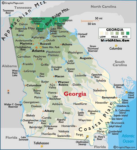 map of georgia and landforms and land statistics hills lakes mountains ...