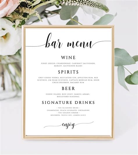 Wedding Bar Menu Template