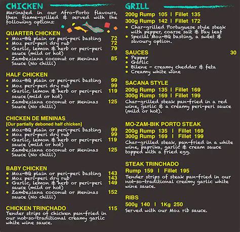 Menu at Mozambik restaurant, Durban, 362 Lilian Ngoyi Rd