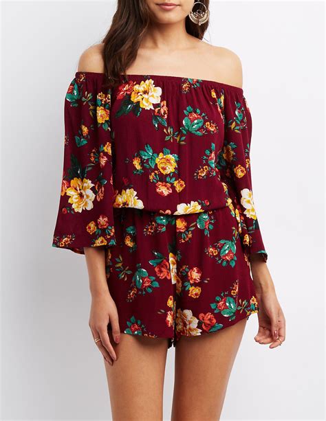 Lyst - Charlotte Russe Plus Size Floral Off-the-shoulder Romper in Red ...