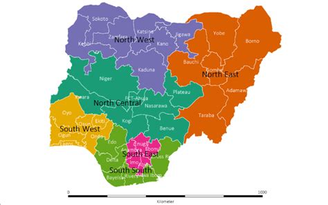 Map of Nigeria showing boundaries of six geopolitical zones, 36 states ...