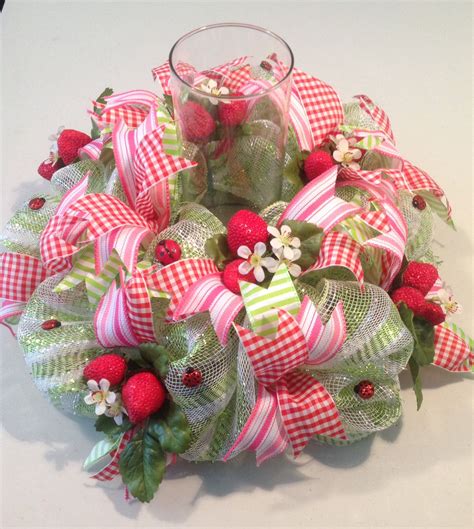 16" Stawberry/Lady Bug Deco Mesh Centerpiece Mesh Ribbon Wreaths, Deco Mesh Wreaths, Summer ...