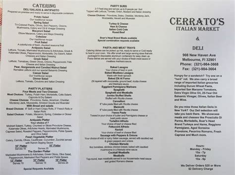 Menu at Cerrato's Italian Market restaurant, Melbourne, 908 W New Haven Ave