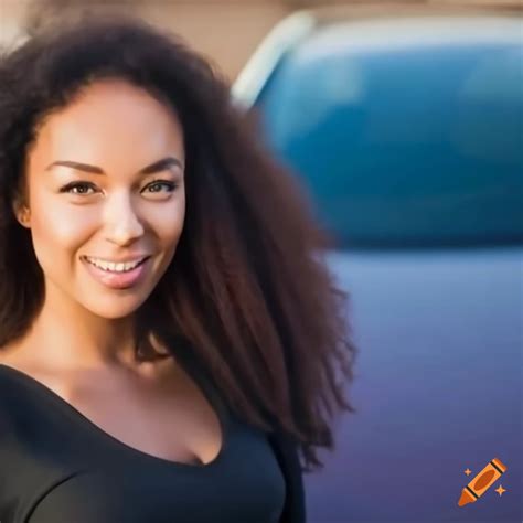 Beautiful woman standing next to a tesla model y on Craiyon