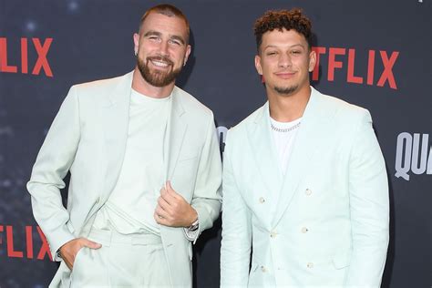 Patrick Mahomes and Travis Kelce Wear Matching Pastel Suits for ‘Quarterback’ Premiere