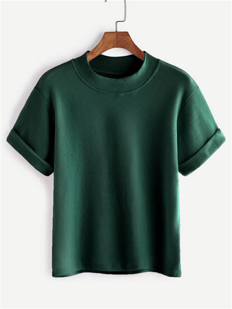 Dark Green Mock Neck Cuffed T-shirtFor Women-romwe