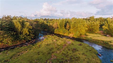 Luftaufnahme Sonnenstrahlen treffen auf Felder und Natur in Don Salvador, Negros, Philippinen ...