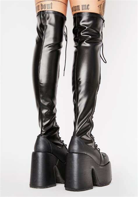 Demonia Camel-300 Thigh High Chunky Heel Platform Boots | Dolls Kill