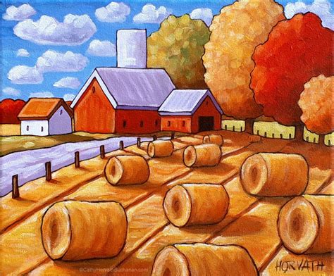 Hay Rolls Original Painting, 10x12 Fall Farm Country Folk Art Landscape by Horvath, Autumn ...