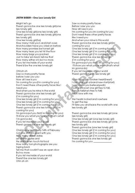 Justin Bieber - Song lyrics One less lonely girl - ESL worksheet by library.ccs