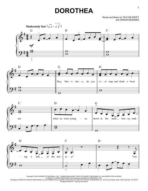 dorothea by Taylor Swift Sheet Music for Easy Piano at Sheet Music Direct