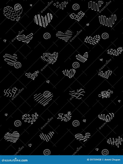 Abstract Hearts Hand Drawn in White Line Art on Black Background Stock ...