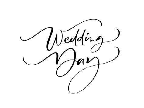 Wedding Day vector lettering text on white background. Handwritten Decorative Design Words in ...