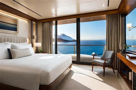 Premium Photo | A hotel room with a view of the ocean and a cruise ship