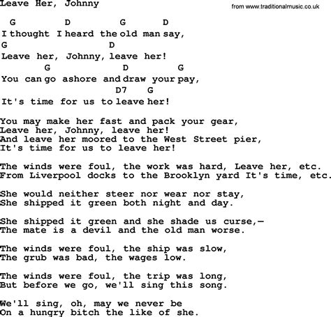 Top 1000 Folk and Old Time Songs Collection: Leave Her, Johnny - Lyrics with Chords and PDF