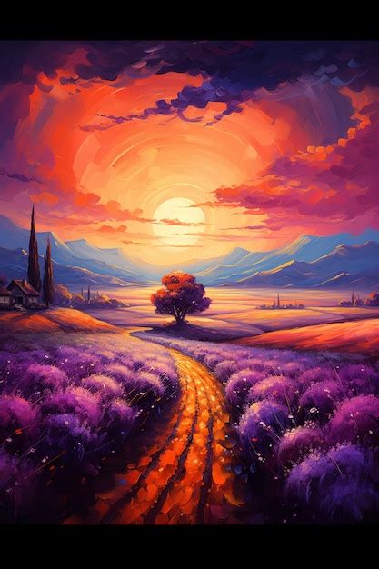 Premium Photo | Painting of a sunset over a lavender field with a lone ...