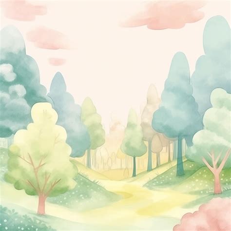 Premium Photo | A watercolor painting of a forest with a path and trees.