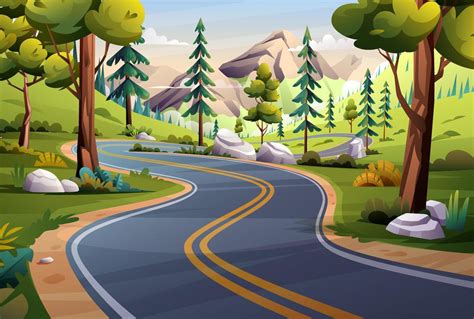 Mountain road landscape illustration. Nature highway through trees and meadow cartoon background ...