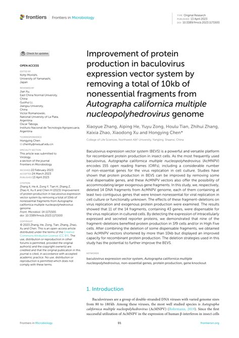 (PDF) Improvement of protein production in baculovirus expression vector system by removing a ...