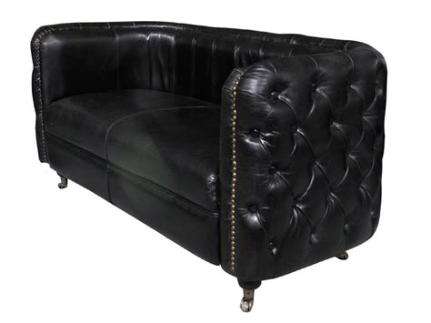 Tufted Button Side Black Vintage Leather Sofa with Nailheads