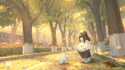 Autumn Anime Girl Playing With Cat Live Wallpaper - MoeWalls