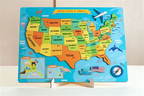 USA Map Kids Puzzle, Montessori Puzzle Wooden Map, Map Puzzle For Kids ...