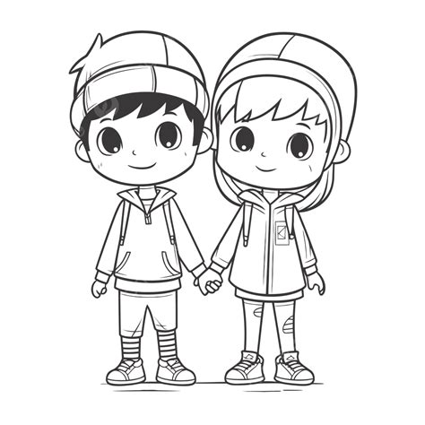 Two Kids Holding Hands Coloring Page Outline Sketch Drawing Vector ...