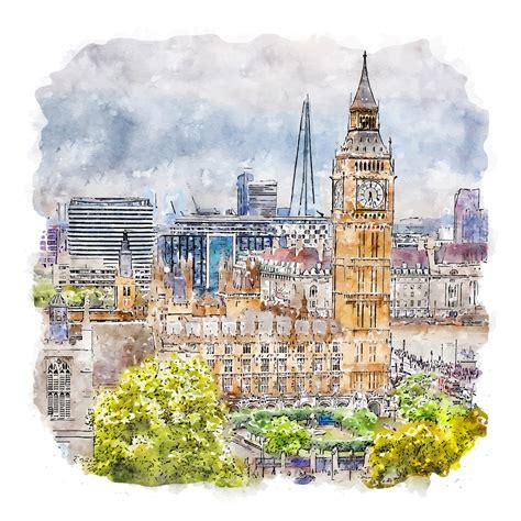 House Of Parliament London Watercolor sketch hand drawn illustration ...