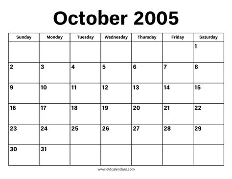 October 2005 Calendar – Printable Old Calendars