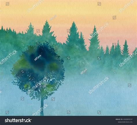 Watercolor Landscape Forest Tree Silhouette Trees Stock Illustration ...