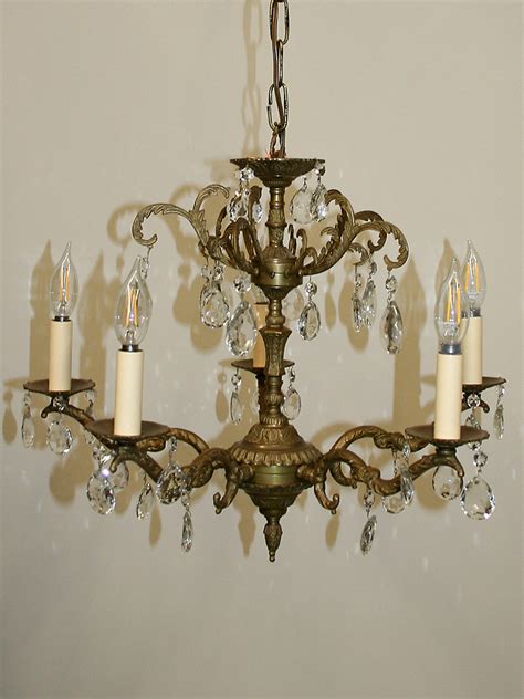 Vintage Brass & Crystal Chandelier w/ Leaf Details, c. 1950