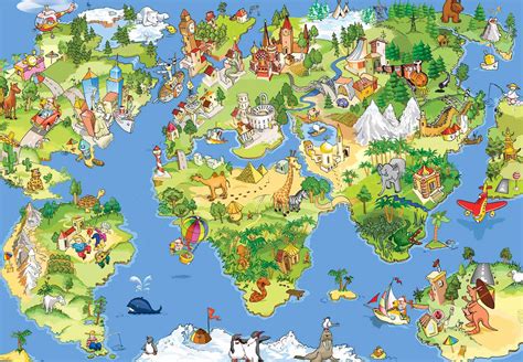 Cartoon World Map With Children of Famous Scenery Culture Wallpaper ...