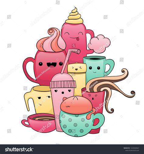 Doodles Kawaii Cups Different Shapes Forms: vector de stock (libre de ...