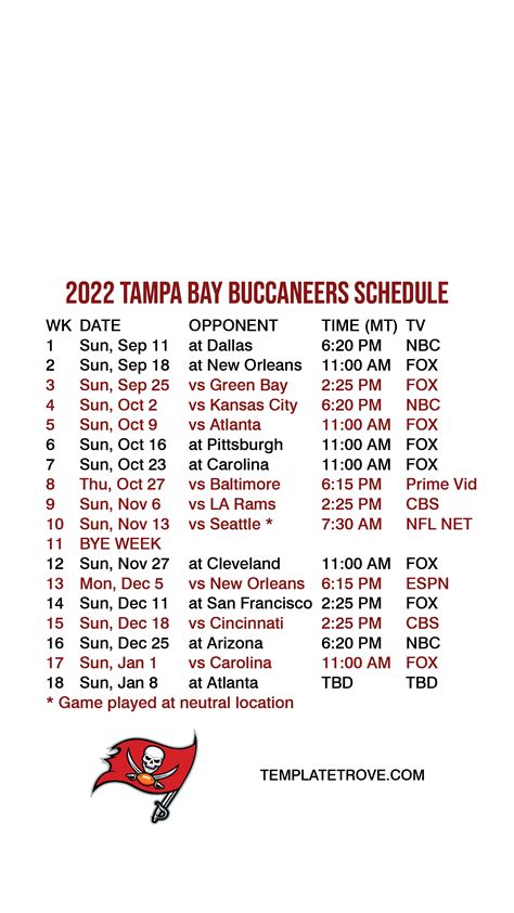 Bucs Printable Schedule