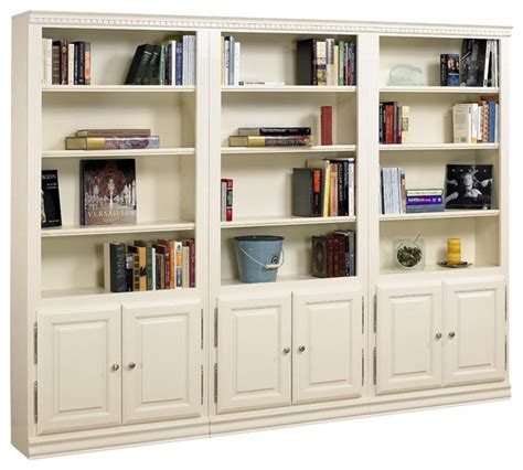 A & E Wood Design - Hampton Tall 3 Pc Bookcase Wall w Doors in Pearl ...