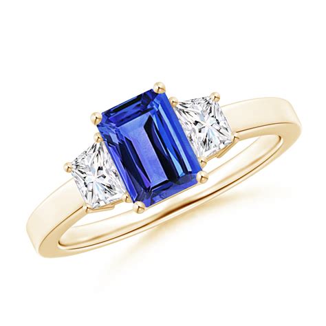 Emerald Cut Tanzanite and Diamond Three Stone Ring | Angara