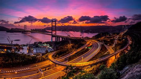 city, Long exposure, Street, Bridge, Hong Kong, Victoria Harbour, Freeway, Highway, Tsing Ma ...