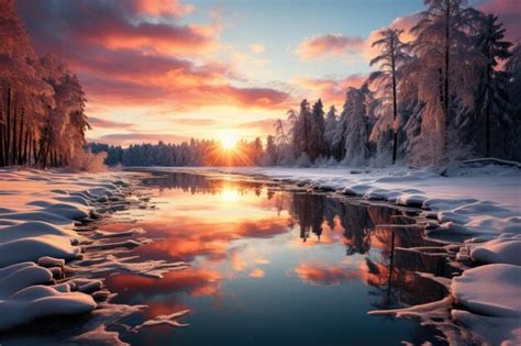 Premium AI Image | Winter landscape with a river and trees