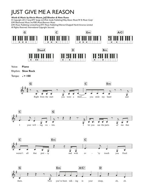 Just Give Me A Reason (featuring Nate Ruess) by Pink Sheet Music for Piano Chords/Lyrics at ...