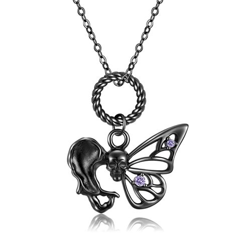 Cz Black Gold Skull Butterfly Sterling Silver Necklace - DANZ0153. Free Shipping, Easy 30 Days ...