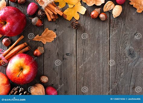 Autumn Corner Border of Apples and Fall Ingredients Over Wood Stock ...