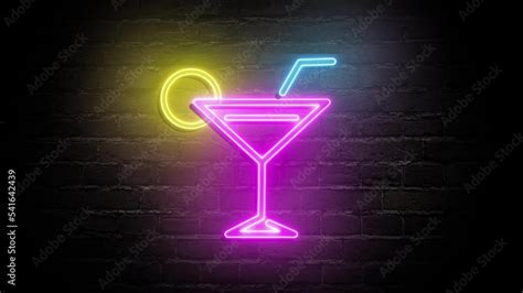 Neon glowing sign with cocktail glass and straw on black brick wall ...