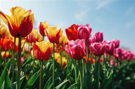 Vibrant Tulip Field in Springtime, Nature Background Stock Illustration - Illustration of ...