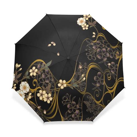 Black Elegant Flower Three Folding Simple Print Rain Sun Sunshine Anti ...