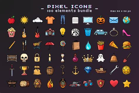 100 pixel art icons psd bundle + png | Emoji Icons ~ Creative Market