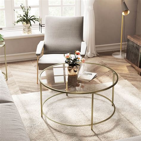 VASAGLE Round Glass Coffee Table Golden | Living room table, Coffee table, Round glass coffee table