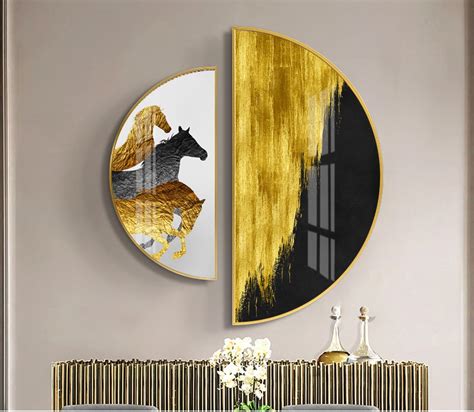 Printable Set of 2 Half Circle Paintings, Black and Golden Horse Wall ...