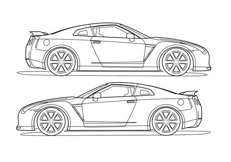 Side View Vector Line Drawing Of A Nissan Gt R Trashedgraphics | Images and Photos finder