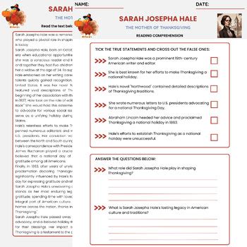 Sarah Josepha Hale Biography Reading Comprehension Mother of Thanksgiving