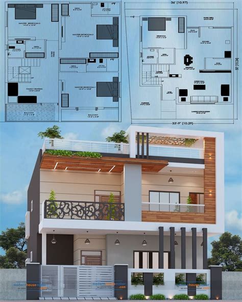 two story house plan with balcony and balconies on the second floor, in ...